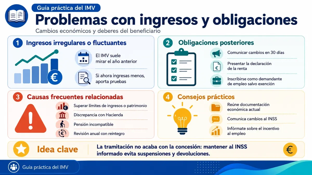 Infografía sobre cómo gestionar los ingresos irregulares y las obligaciones tras recibir el IMV.